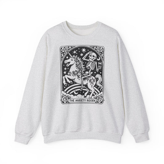 The Anxiety Rider skeleton unicorn sweatshirt | tarot-inspired occult design