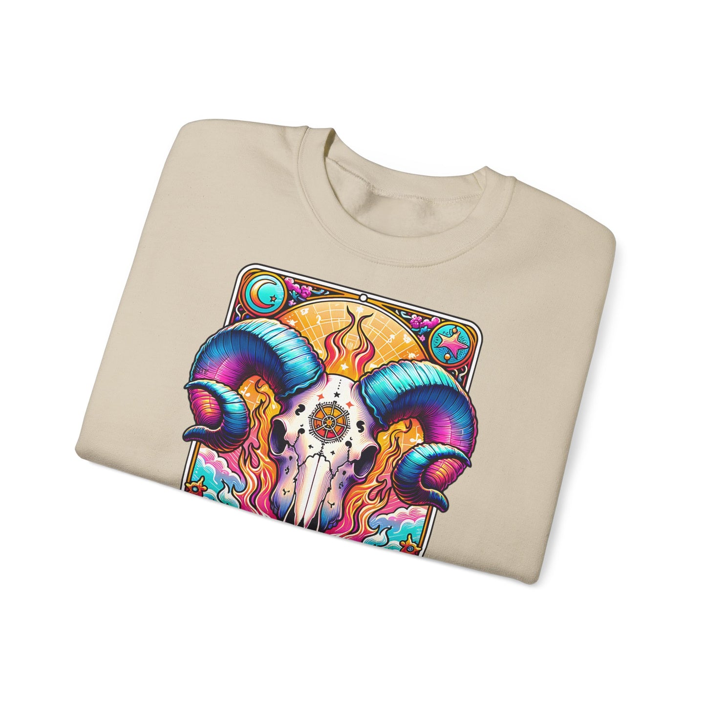 Aries Ram Skull Illustration Crewneck Sweatshirt | Zodiac Astrology