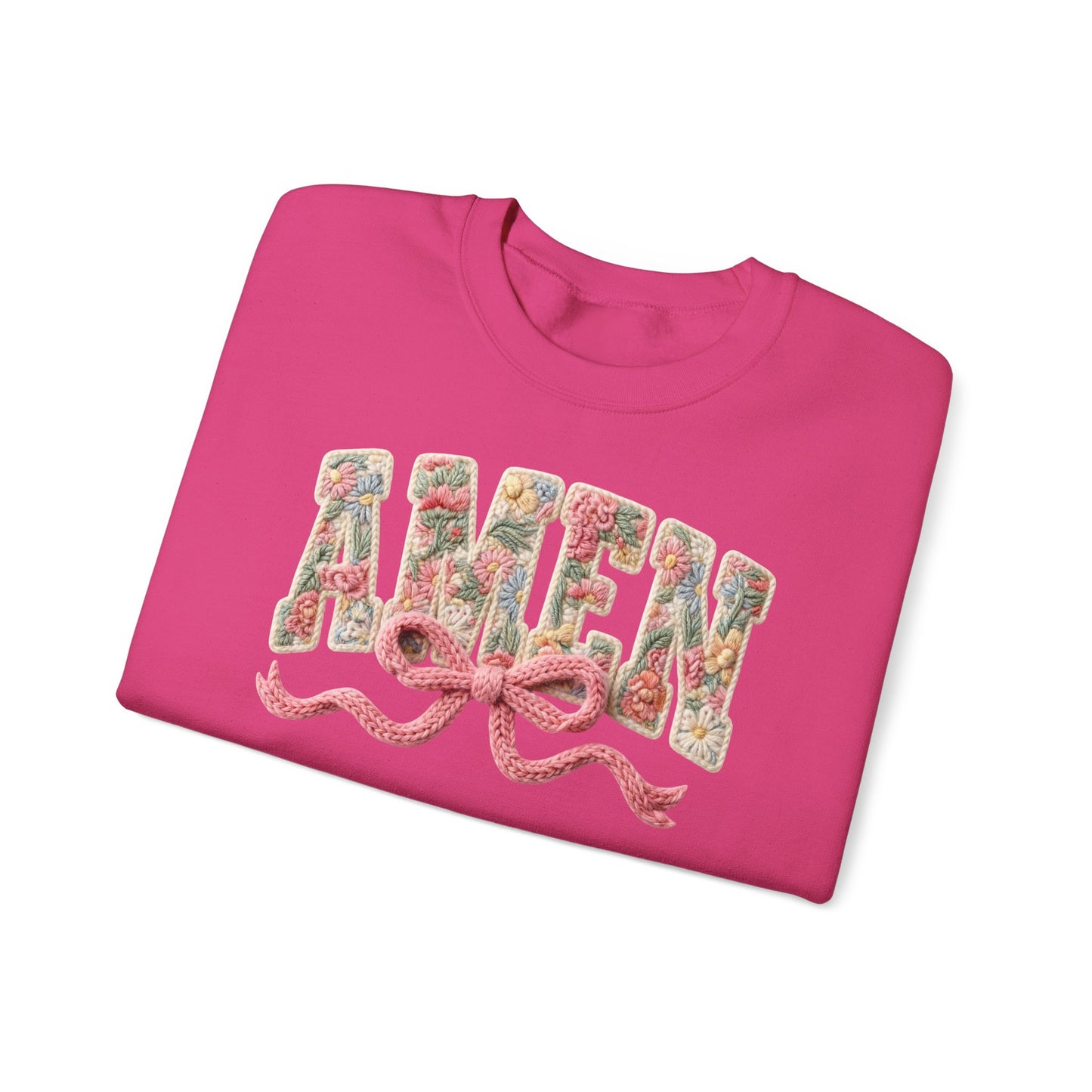 Amen Floral Crewneck Sweatshirt — Vintage Bouquet Lettering with Pink Ribbon