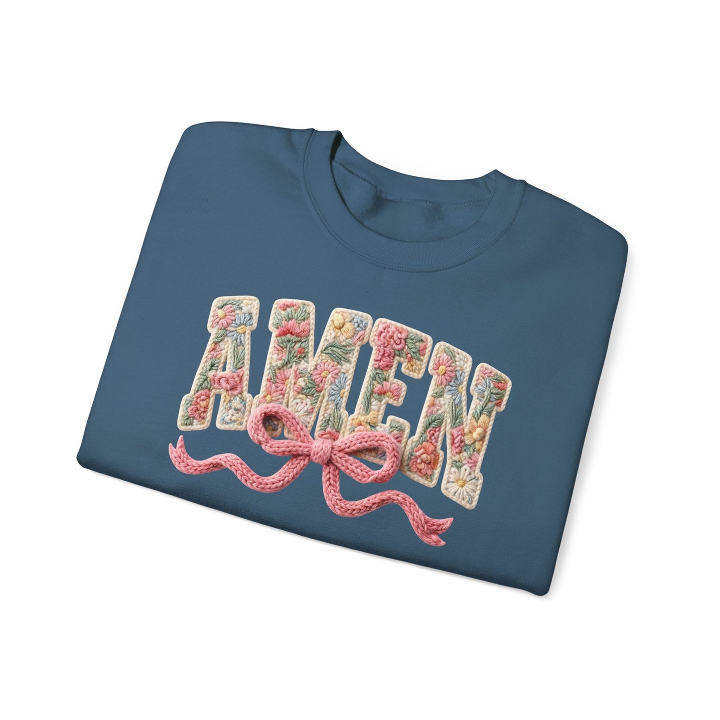 Amen Floral Crewneck Sweatshirt — Vintage Bouquet Lettering with Pink Ribbon