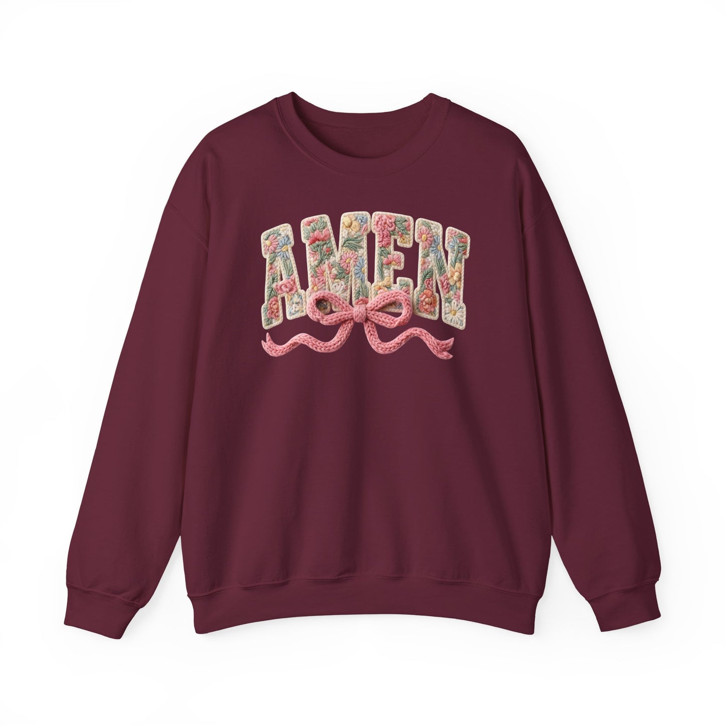 Amen Floral Crewneck Sweatshirt — Vintage Bouquet Lettering with Pink Ribbon