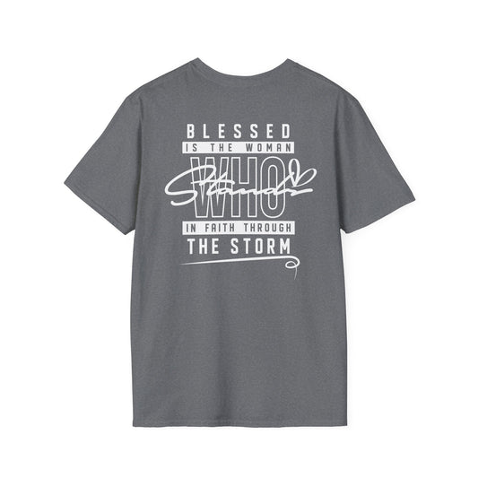 Blessed Through the Storm Christian T-Shirt — Women’s Faith Cross Tee