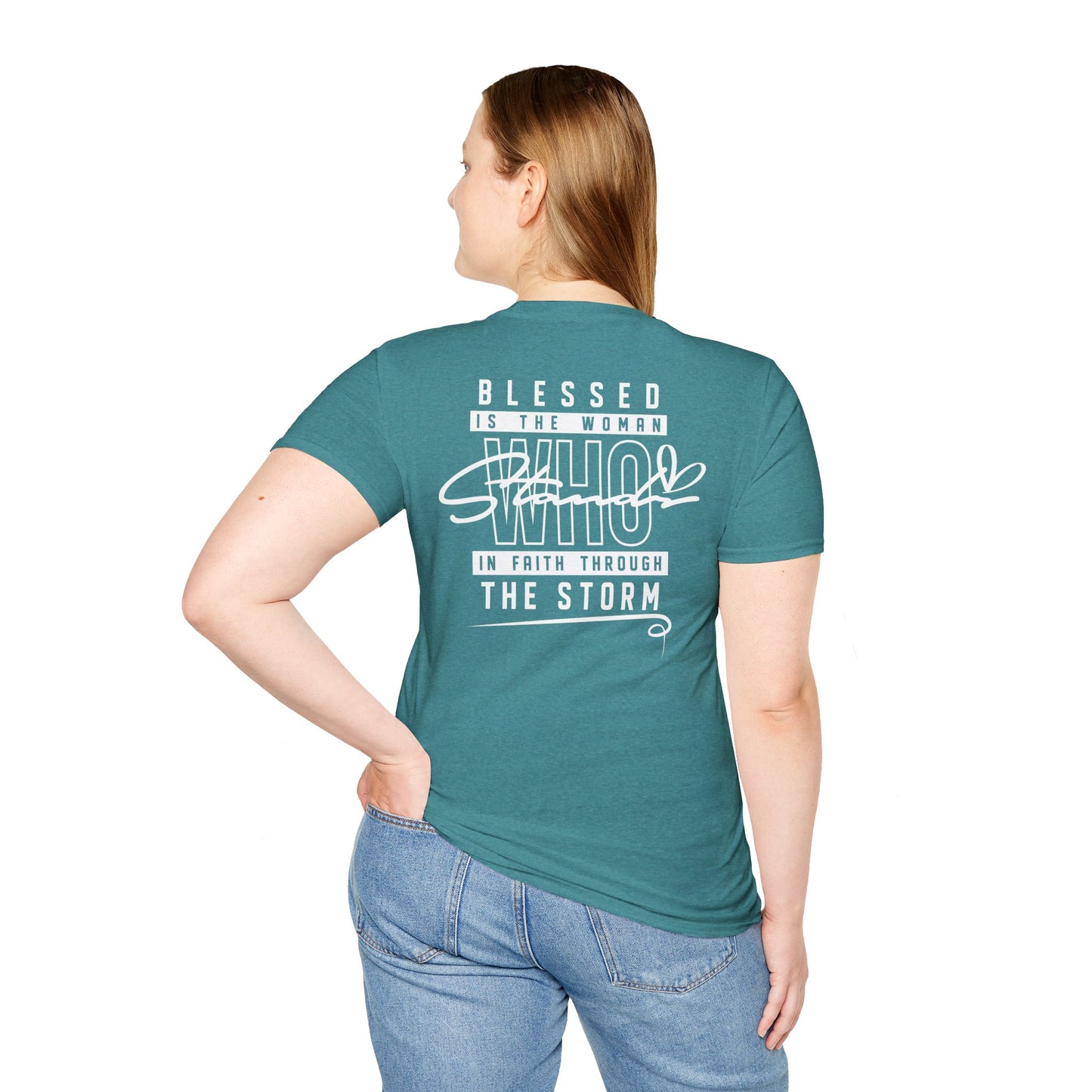 Blessed Through the Storm Christian T-Shirt — Women’s Faith Cross Tee