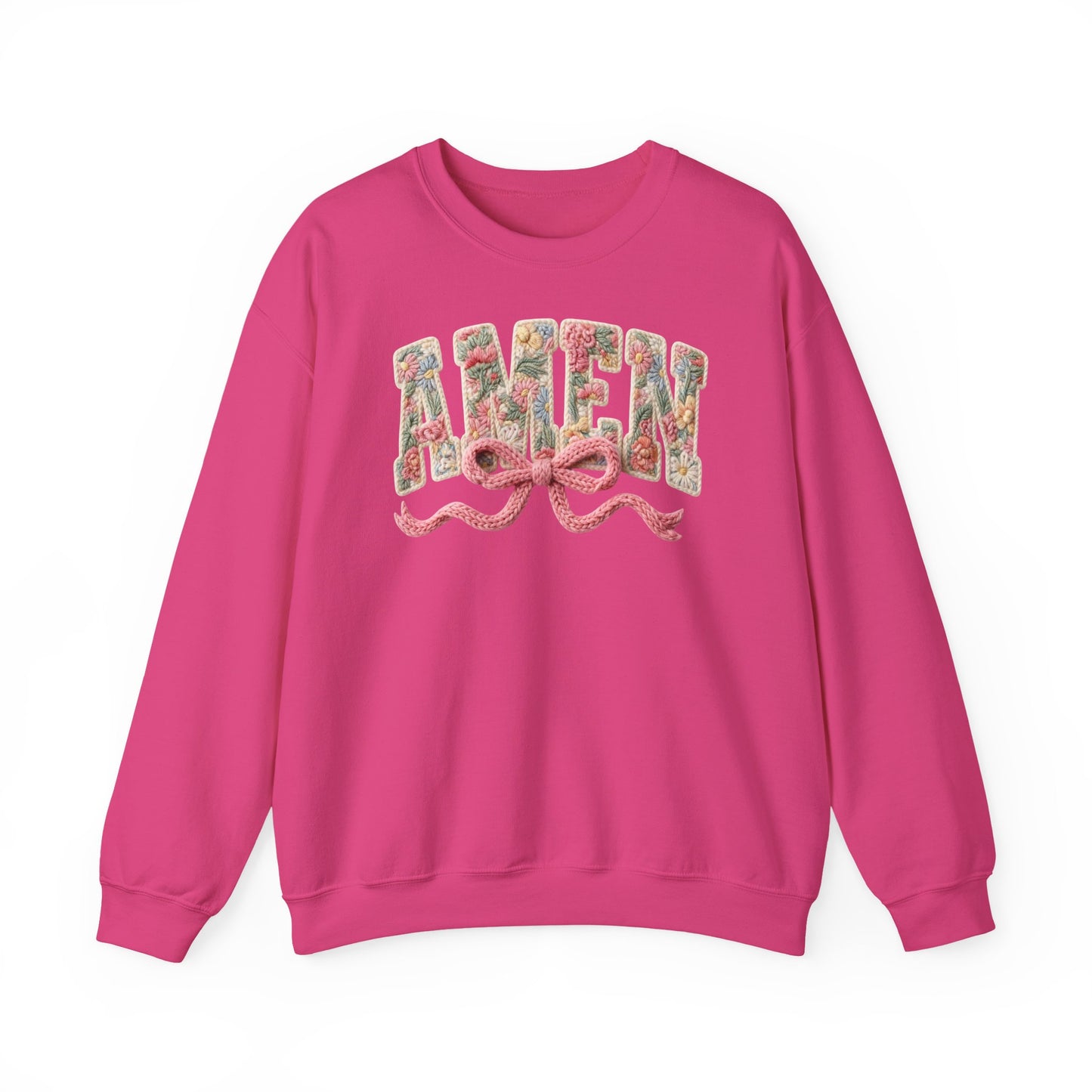 Amen Floral Crewneck Sweatshirt — Vintage Bouquet Lettering with Pink Ribbon