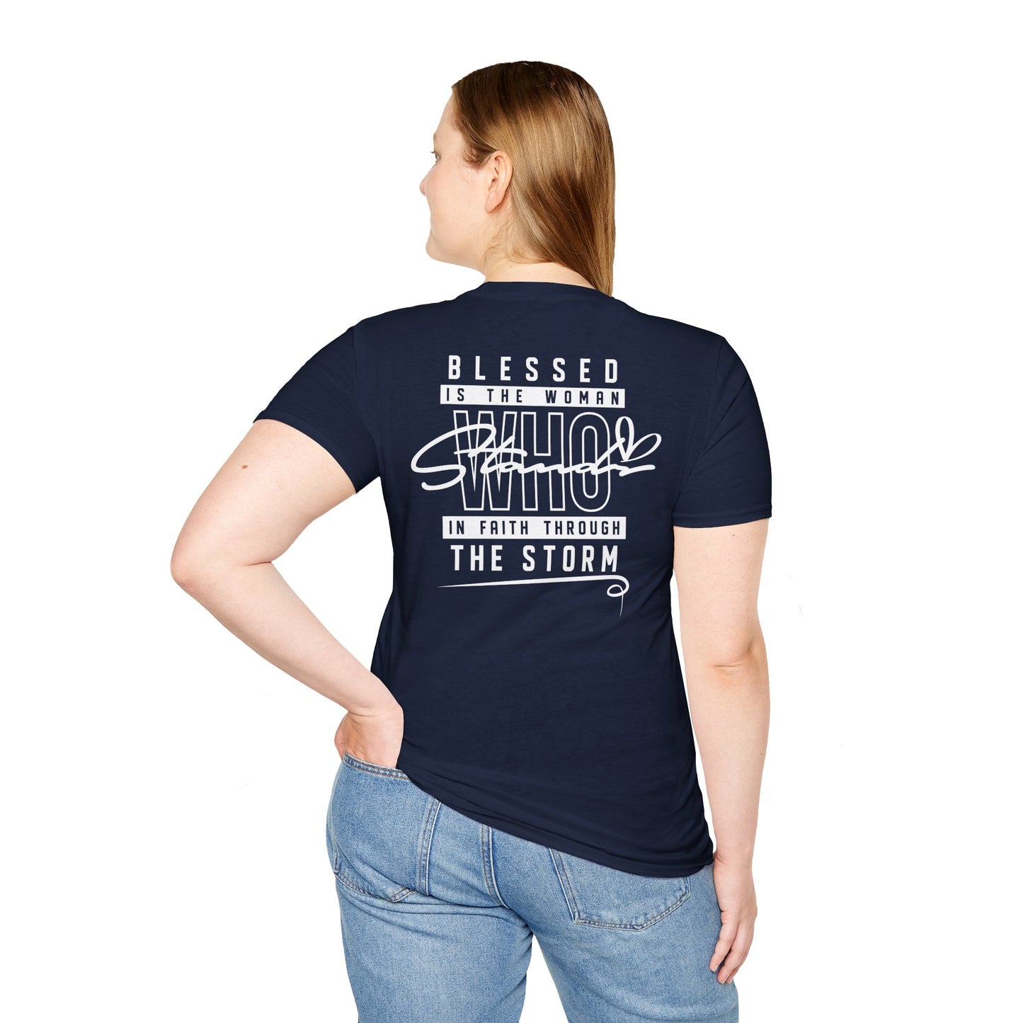 Blessed Through the Storm Christian T-Shirt — Women’s Faith Cross Tee