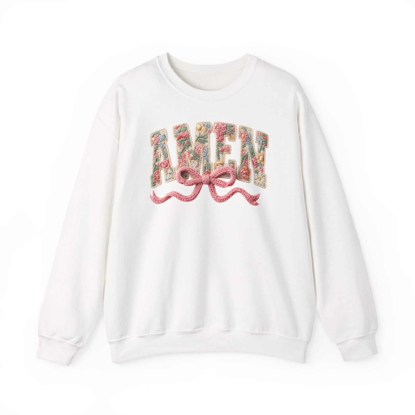 Amen Floral Crewneck Sweatshirt — Vintage Bouquet Lettering with Pink Ribbon