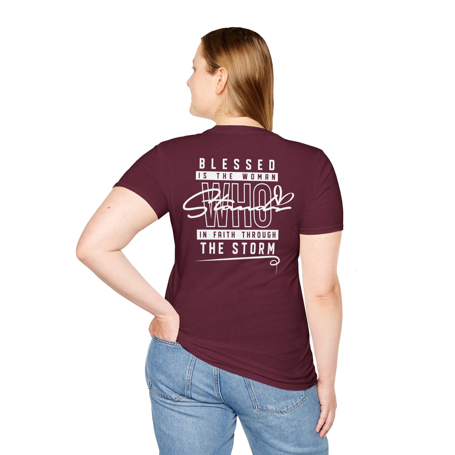Blessed Through the Storm Christian T-Shirt — Women’s Faith Cross Tee