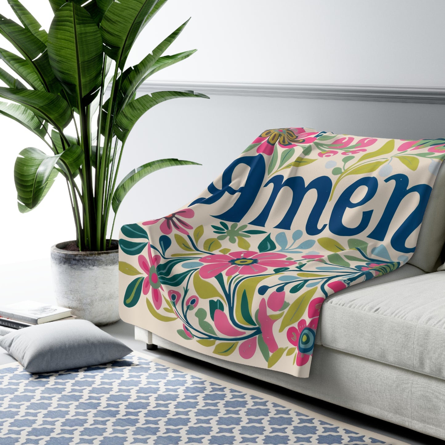 Amen Floral Typography Sherpa Blanket | Floral Scripture Blanket