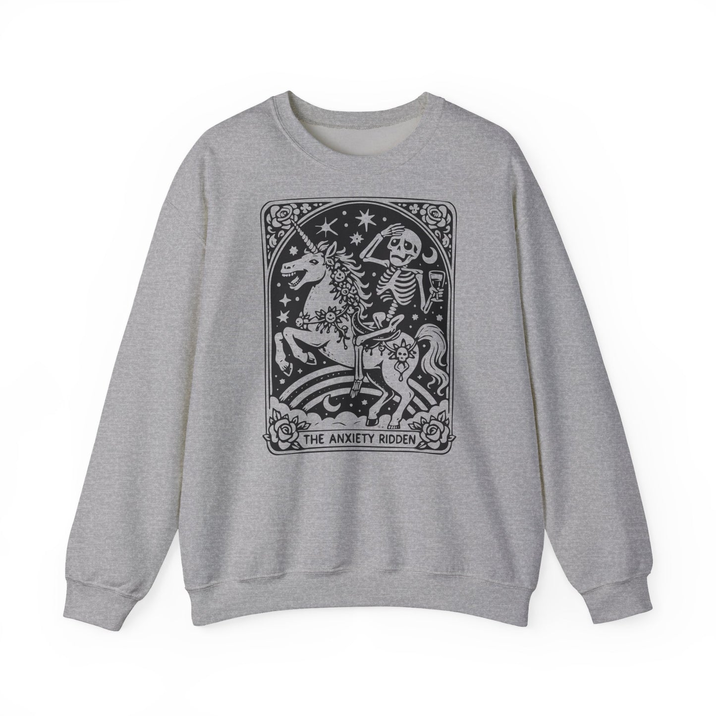 The Anxiety Rider skeleton unicorn sweatshirt | tarot-inspired occult design