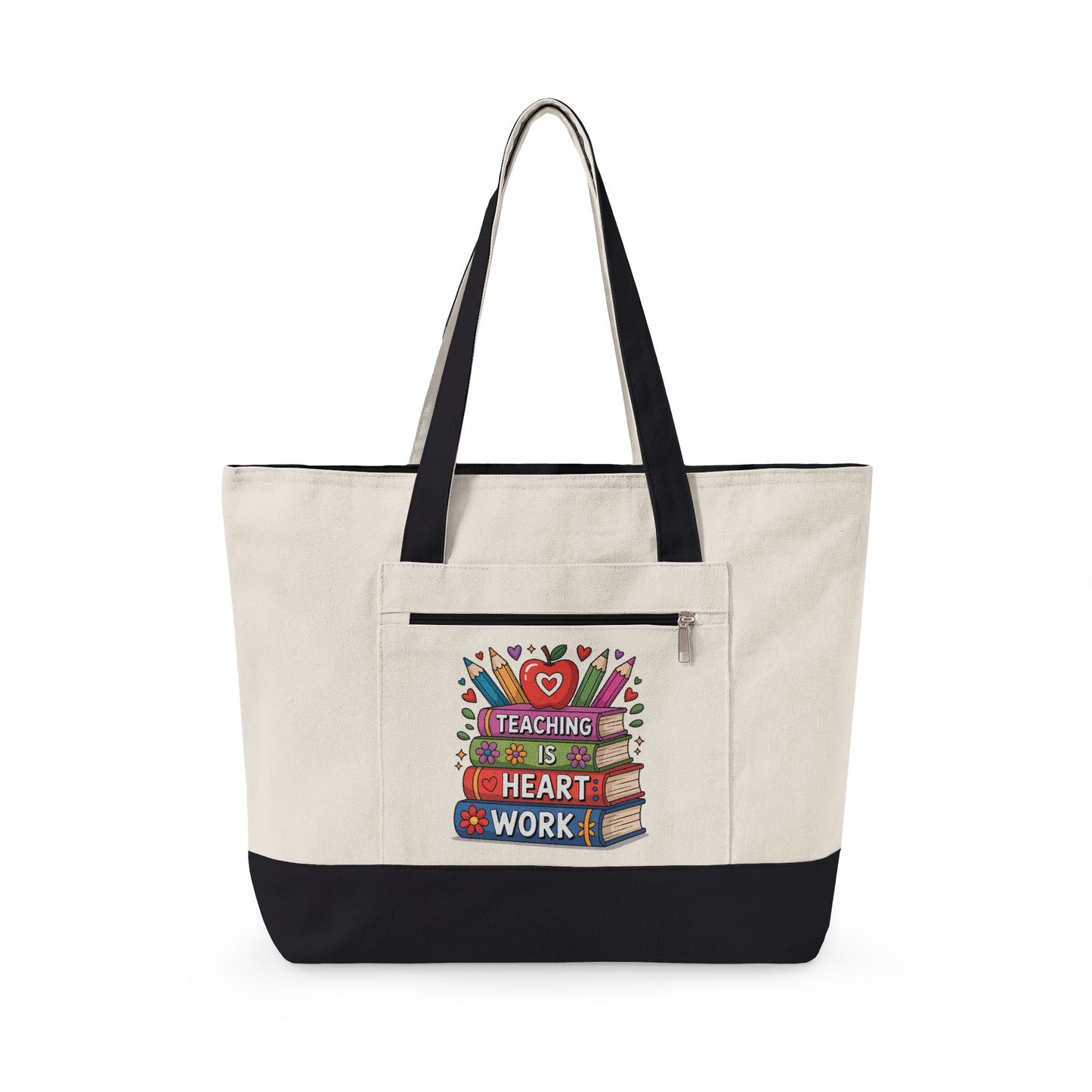 Teaching Is Heart Work tote | Canvas Zippered Tote, Teacher Book Stack Design