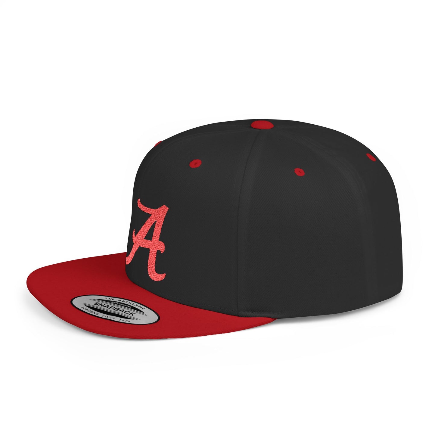 Script Letter A Cap | Flat Bill Snapback, Embroidered Red A on White
