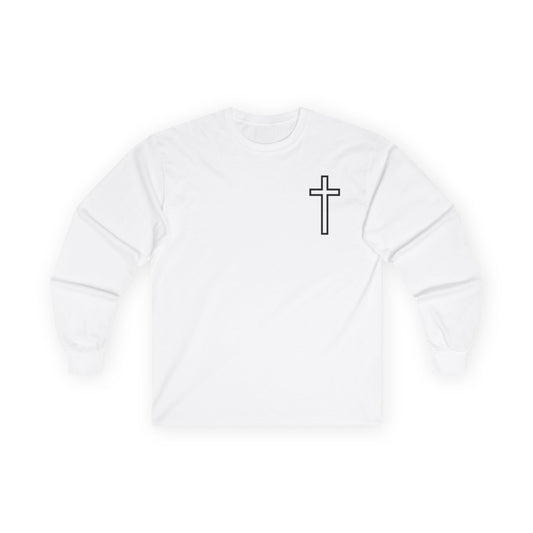 Christian Cross Long Sleeve Tee — "Blessed Is The Woman Who Stays In Faith Through The Storm"