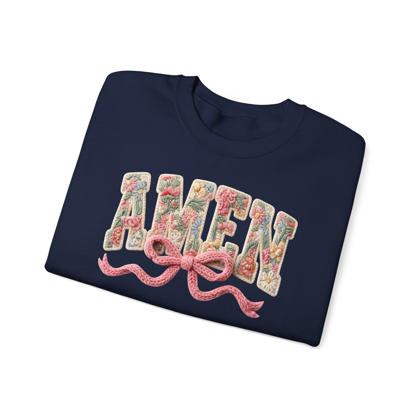 Amen Floral Crewneck Sweatshirt — Vintage Bouquet Lettering with Pink Ribbon