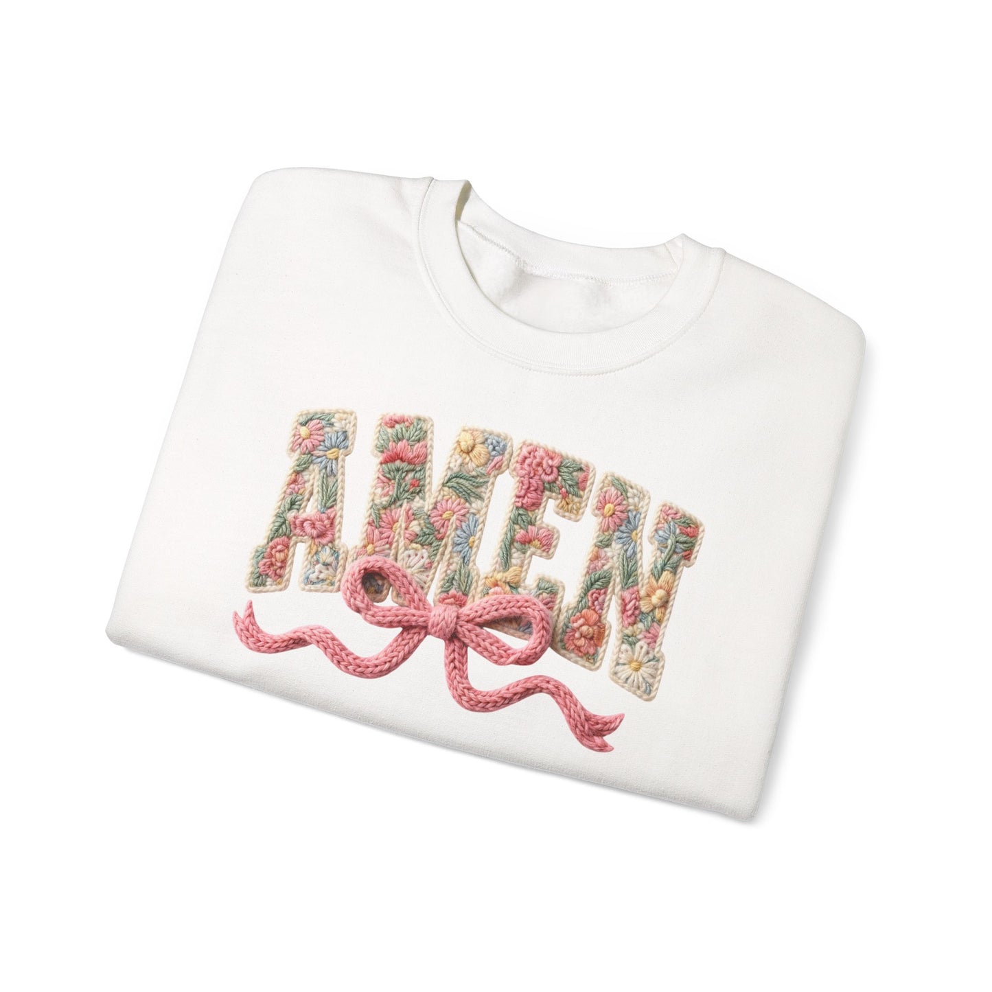 Amen Floral Crewneck Sweatshirt — Vintage Bouquet Lettering with Pink Ribbon