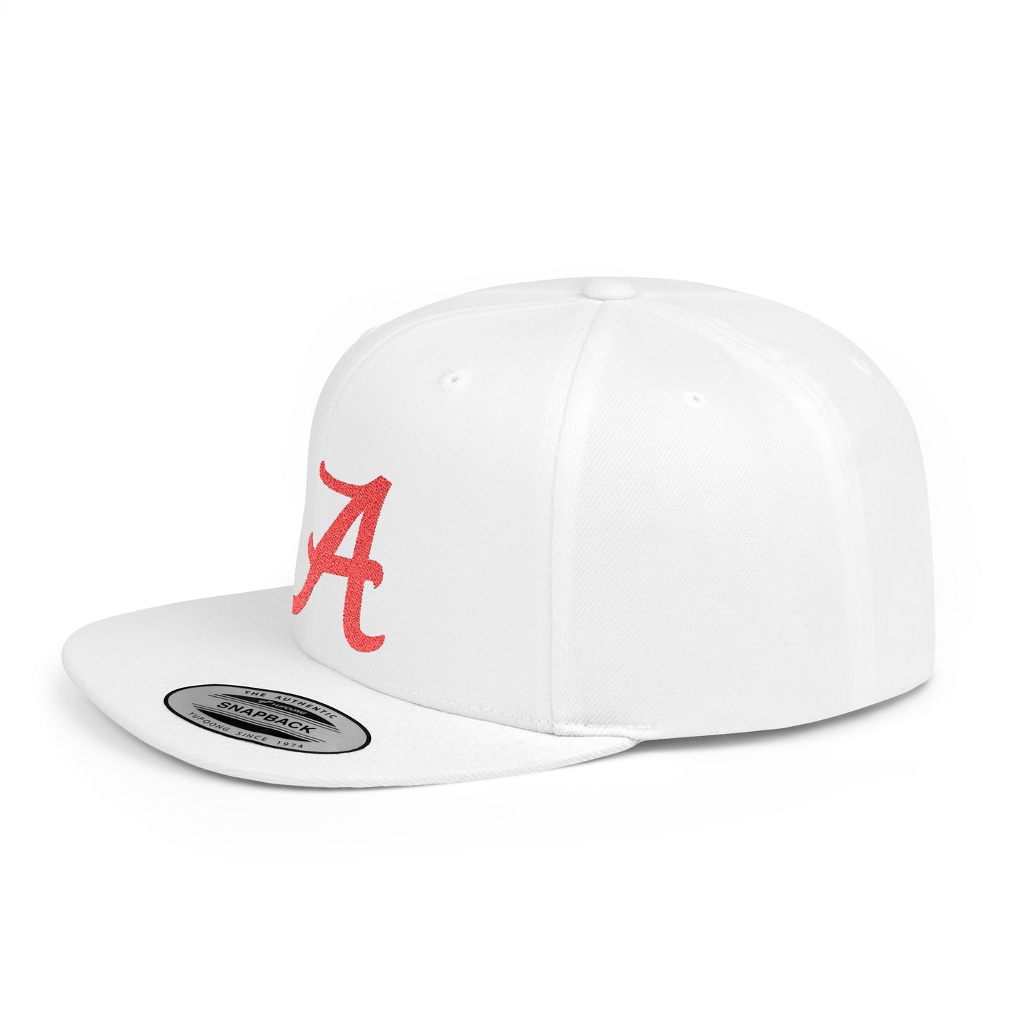 Script Letter A Cap | Flat Bill Snapback, Embroidered Red A on White