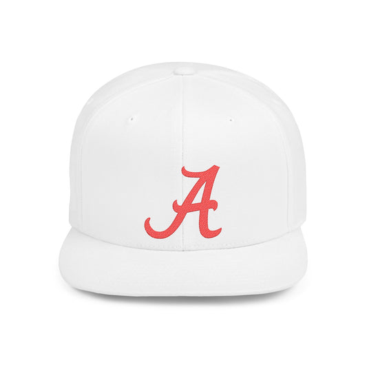 Script Letter A Cap | Flat Bill Snapback, Embroidered Red A on White